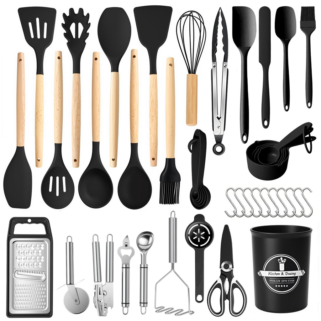 Non-Stick Safe Silicone Cooking Utensils Set with Holder, 44 PCS Kitchen Utensils Set, Silicone Kitchen Gadgets Spatulas Set for Non... - Durable Turner & Ladle Utensil Set for Home Chefs - Default Title