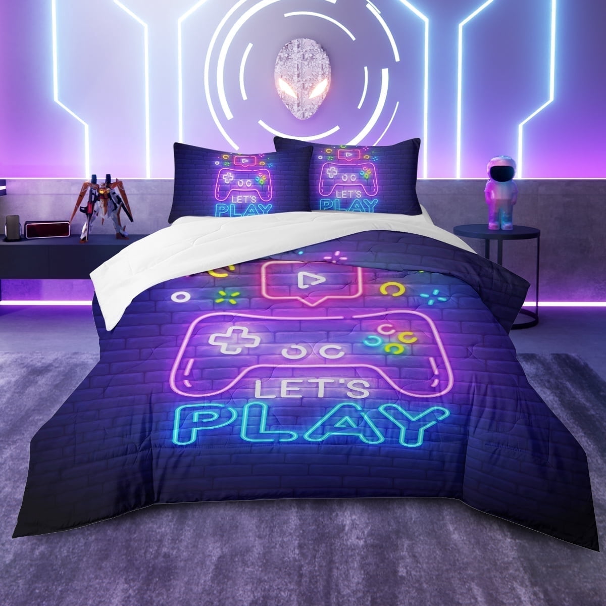 Heavyweight Warmth Gaming Comforter Set for Boys, 3-Piece Abstract Neon Kids Bedding Sets Twin Size - Luxurious Quilted Duvet Cover Set - Default Title