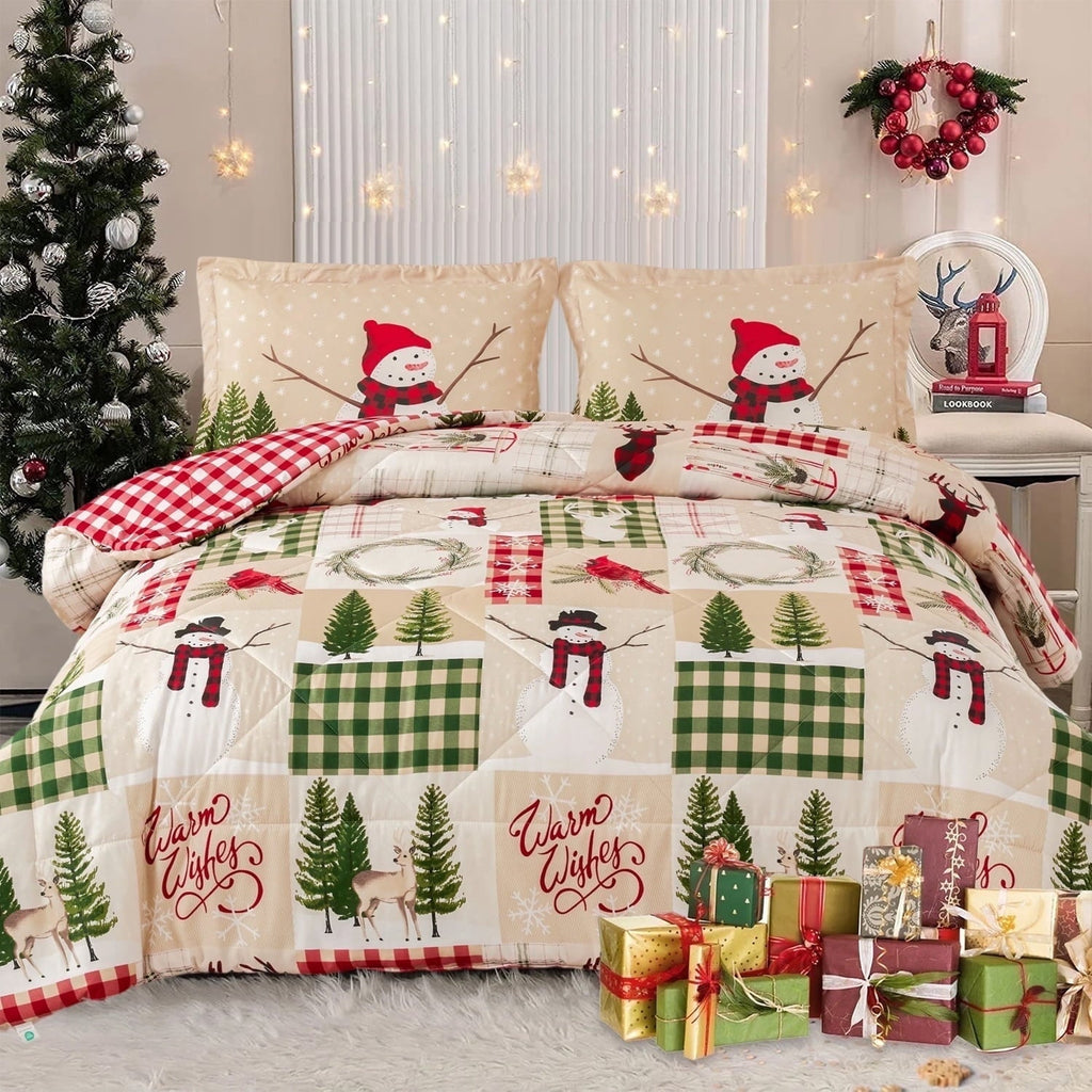 Fluffy Down Alternative 3 Pcs Christmas Comforter Set, Bed in a Bag Wreath Snowman Queen/Full Size Xmas Bedding Set Fitted Pillowcases for Adult - Hypoallergenic Ultra-Fluffy Quilt for Winter - Default Title