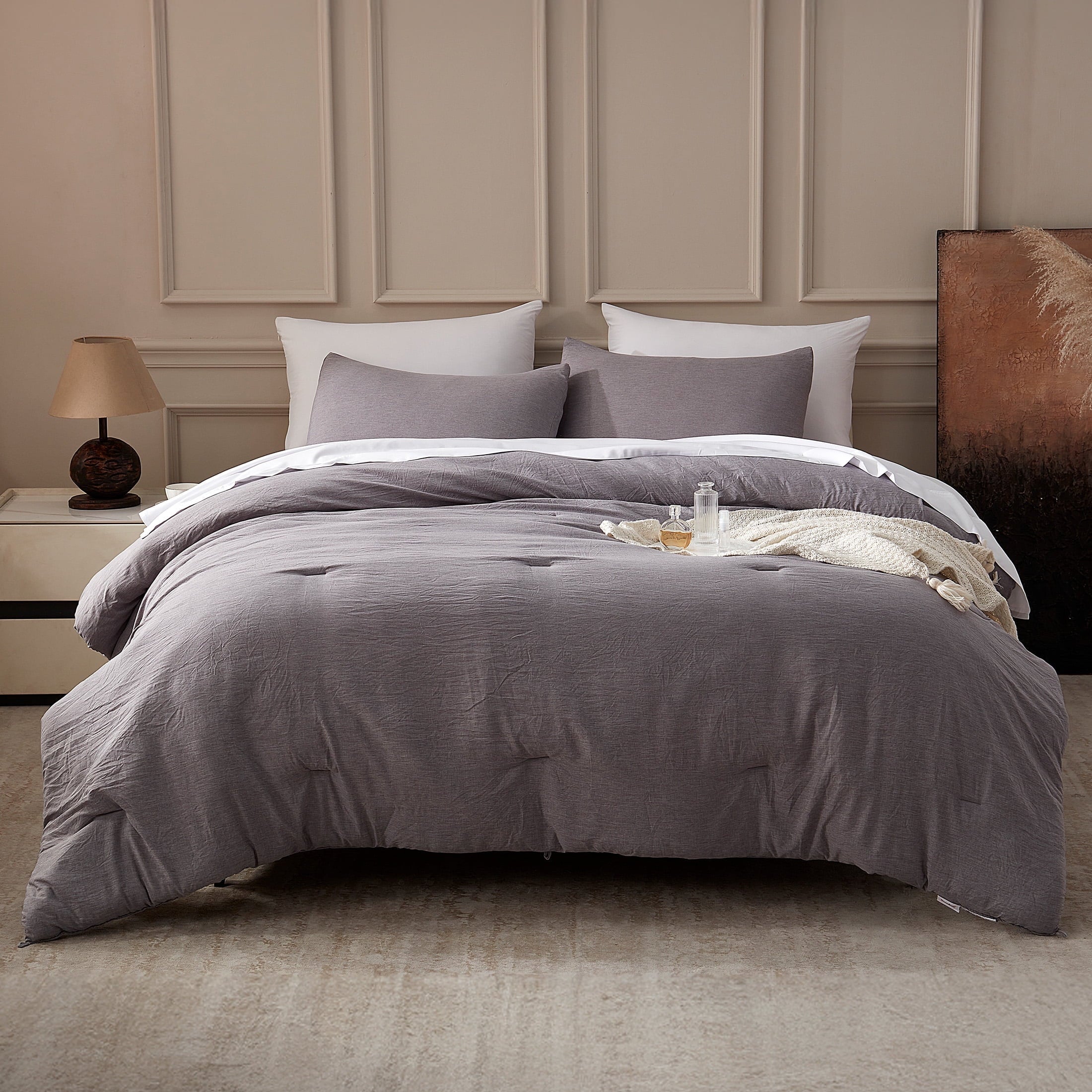 All-Season Washed Comforter Set Full Size - 3 Pieces Soft Luxury Cationic Dyeing Bedding Sets, Linen-Like Texture Breathable Wri... - All-Season Down Alternative Comforter Insert - Default Title