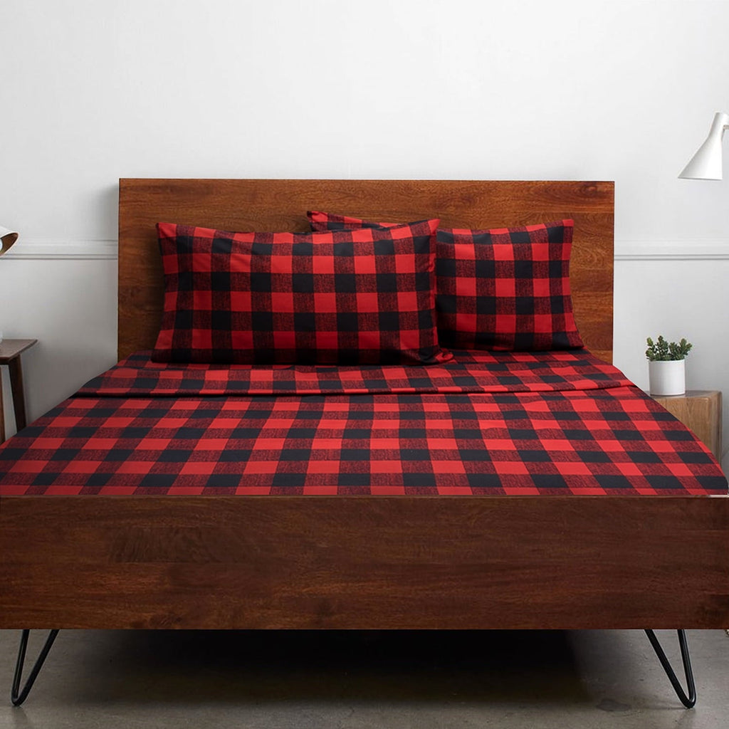 Wrinkle-Resistant Buffalo Plaid Black and Red 4 Piece Bed Sheet Set - Twin - Cooling Hotel Quality Bedding Sheets and Pillowcases - Default Title