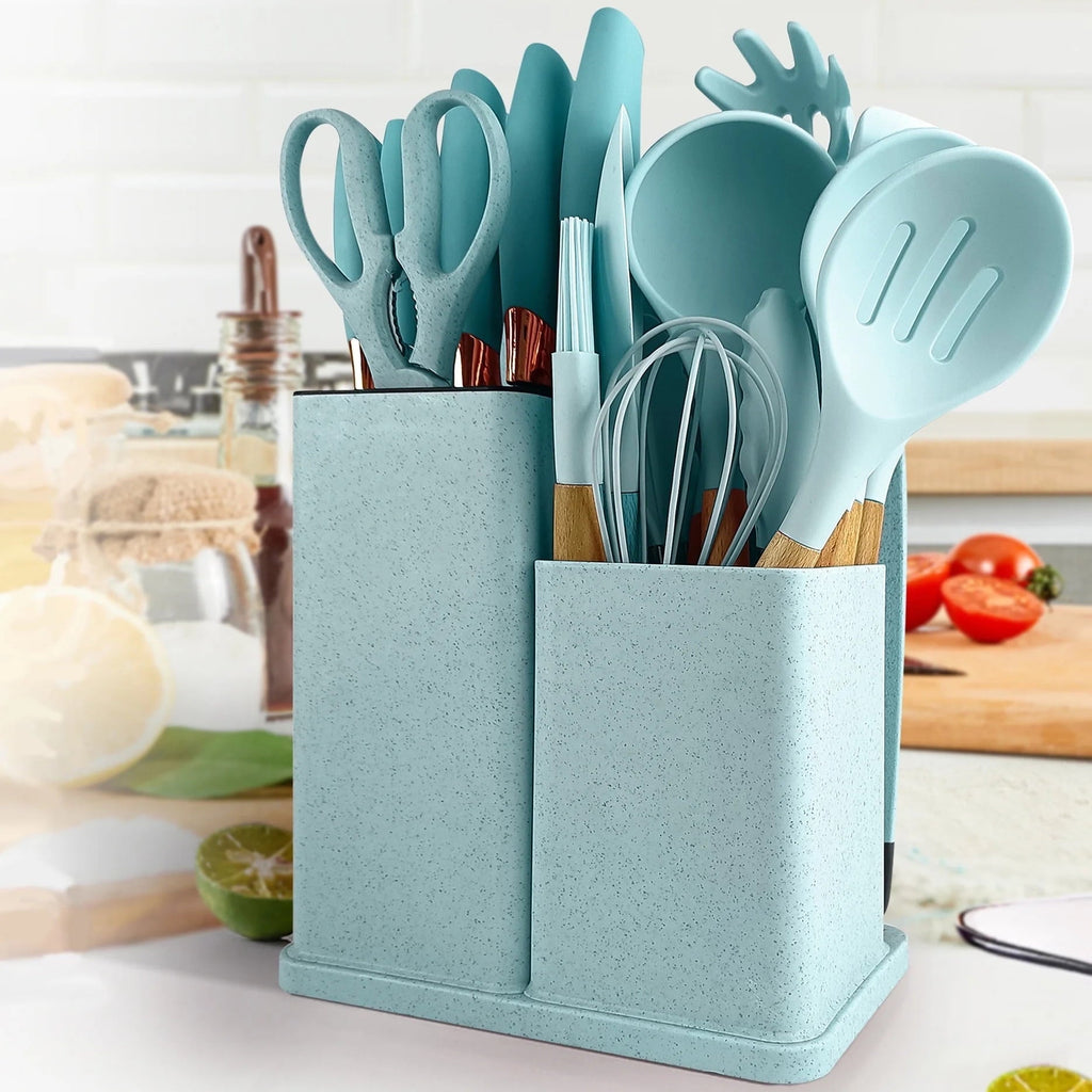 Heavy Duty Silicone Kitchen Cooking Utensils Set, 19 Pieces Utensil with Holder, Heat Resistant, Green - Heavy Duty Stainless Steel Kitchen Shears - Default Title