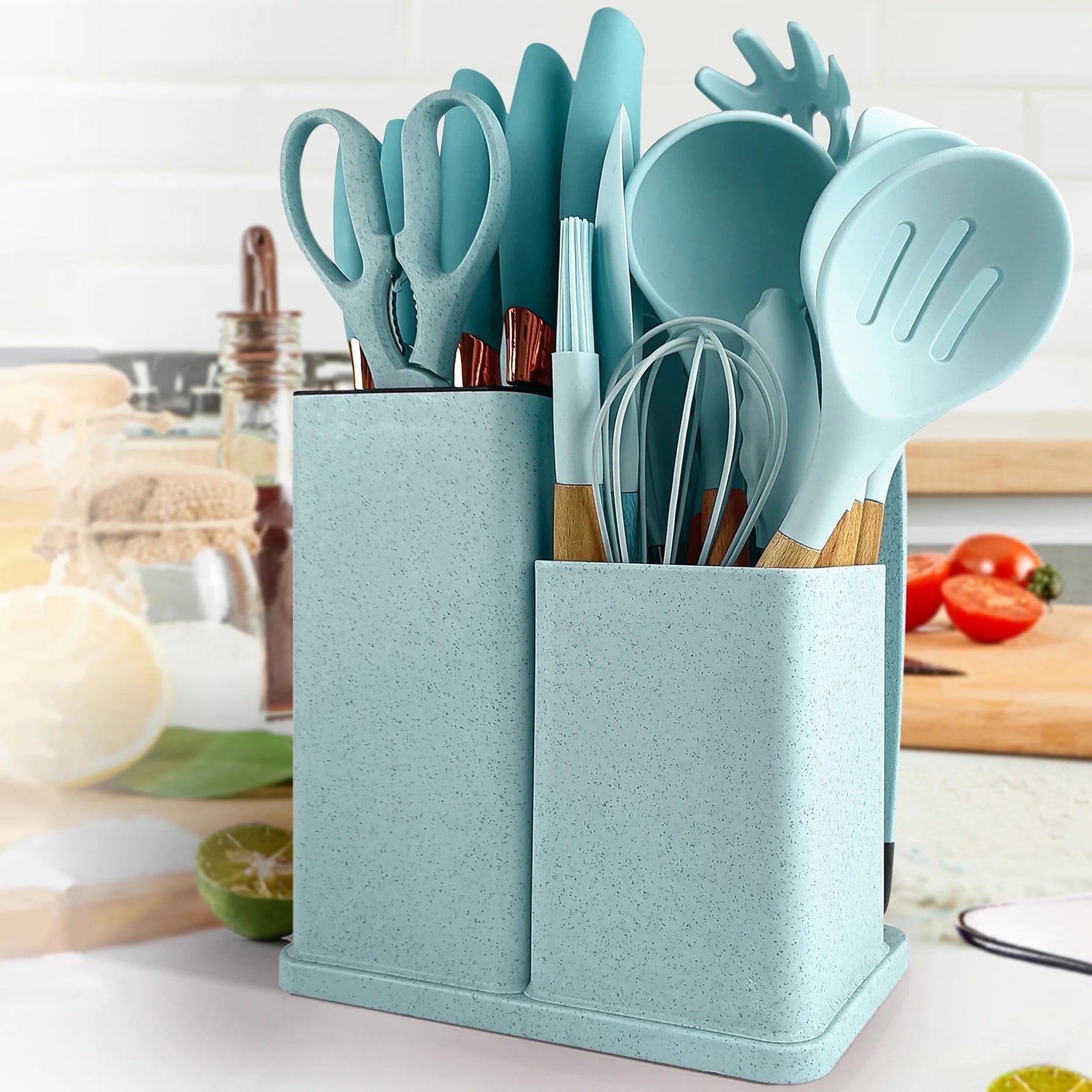 Non-Stick Safe Silicone Kitchen Cooking Utensils Set, 19 Pieces Utensil with Holder, Heat Resistant, Green - Heat-Resistant Silicone Cooking Spatula Turner - Default Title