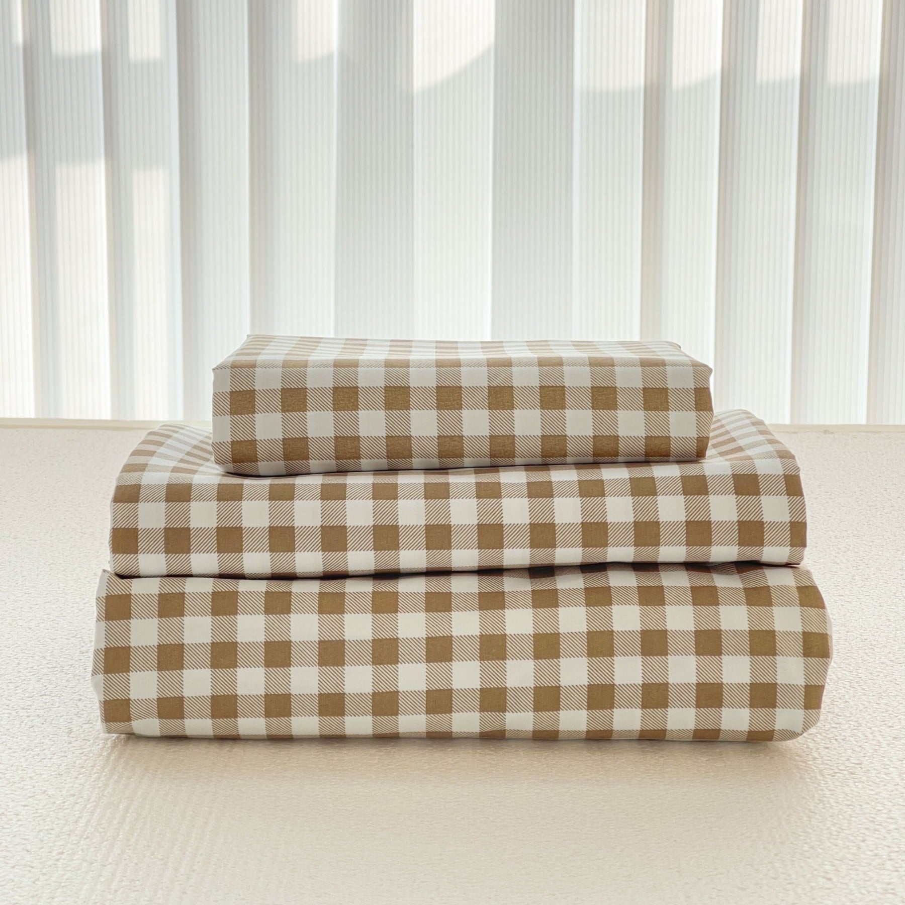 Cooling Sateen Sheet Set, Soft Brushed Microfiber Taupe Plaid Sheets, 4-Piece Brown Grid Set with Deep Pocket - Cooling Hotel Quality Bedding Sheets and Pillowcases - Default Title