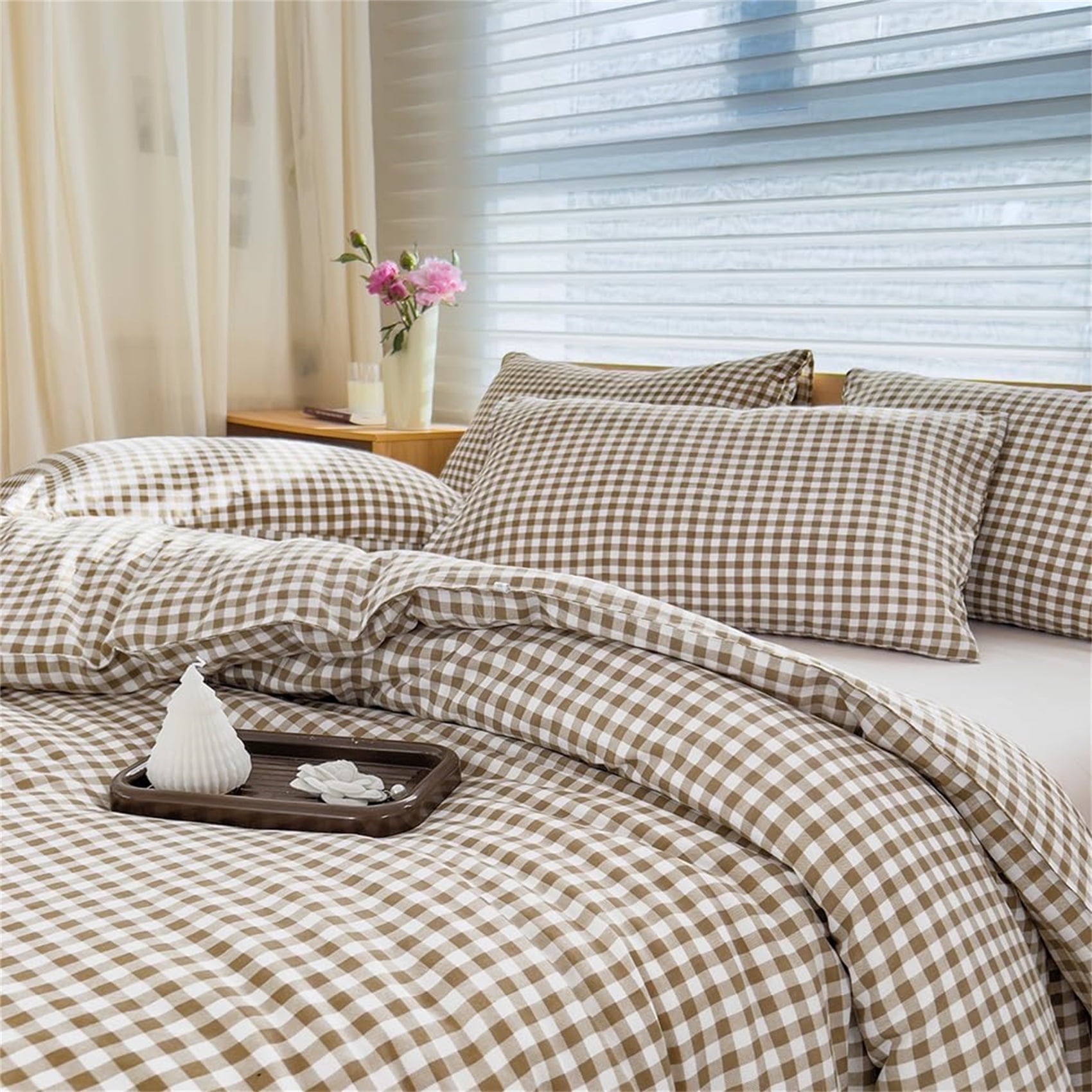 Fluffy Down Alternative Tan Gingham Queen Comforter Set, Taupe Plaid Bedding Set, Checked Bed Comforter 3 Pieces(Tan Gingham, Queen) - Hypoallergenic Ultra-Fluffy Quilt for Winter - Default Title