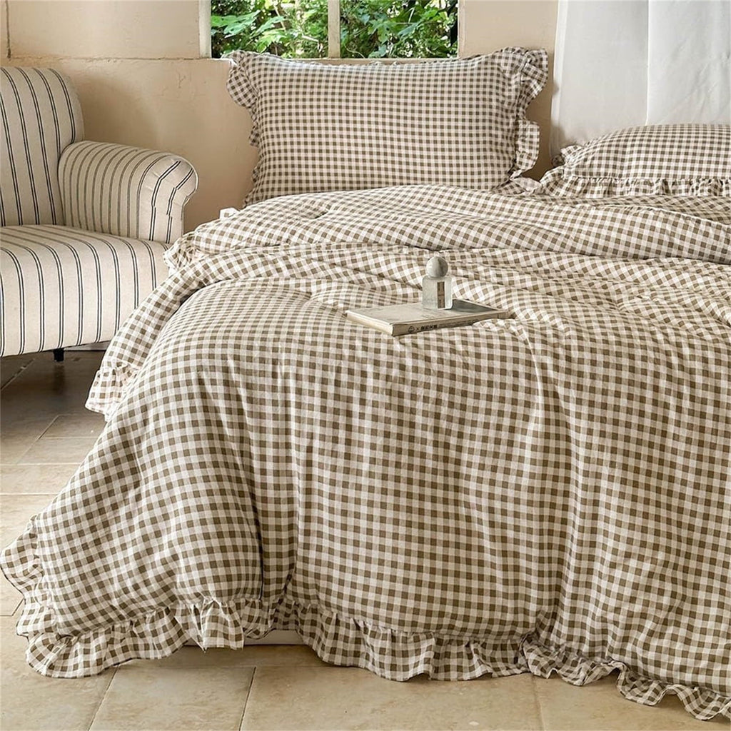 Heavyweight Warmth Tan Gingham Ruffle Queen Comforter Set, Taupe Ruffled Plaid Bedding Set, Ruffled Checked Bed Comforter 3 Pieces(Tan G... - Luxurious Quilted Duvet Cover Set - Default Title