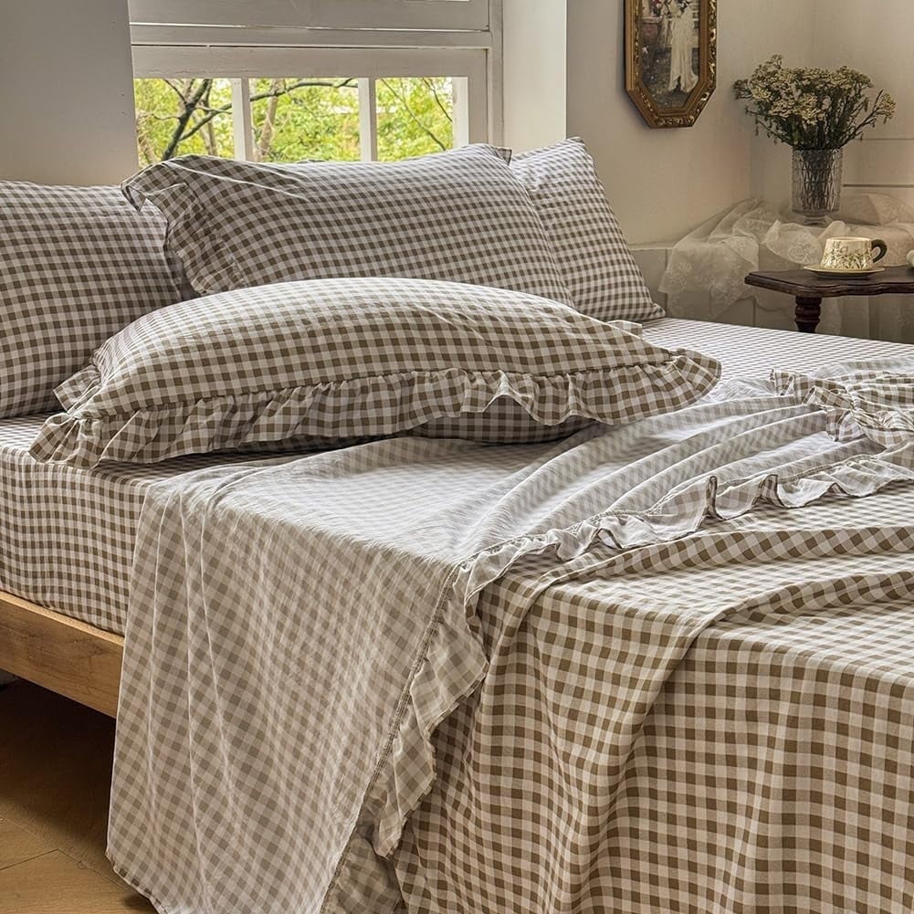 Wrinkle-Resistant Tan Gingham Ruffle Queen Sheet Set, Taupe Soft Pre-Washed Microfiber Plaid Ruffled Queen Bed Sheets, 4-Pieces Farmhou... - Premium Ultra-Soft Pillowcase Pair for Sleeping - Default Title