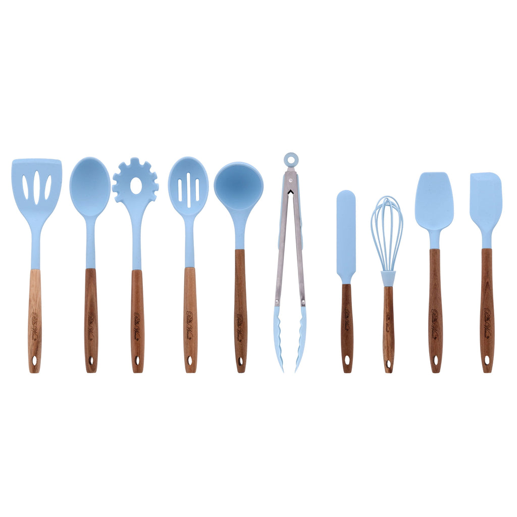 Professional Grade 10-Piece Silicone and Acacia Wood Handle Cooking Utensils Set, Blue - Multi-Purpose Hand Tool for Daily Meal Prep - Default Title
