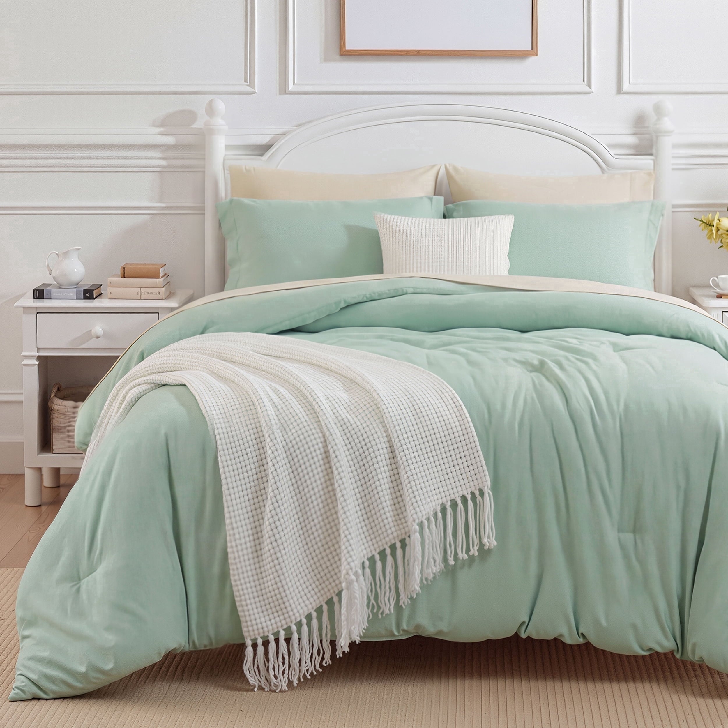 Fluffy Down Alternative Queen Comforter Set Sage Green, 7 Pieces Lightweight Queen Bedding Sets, Contrasting Design - Luxurious Quilted Duvet Cover Set - Default Title