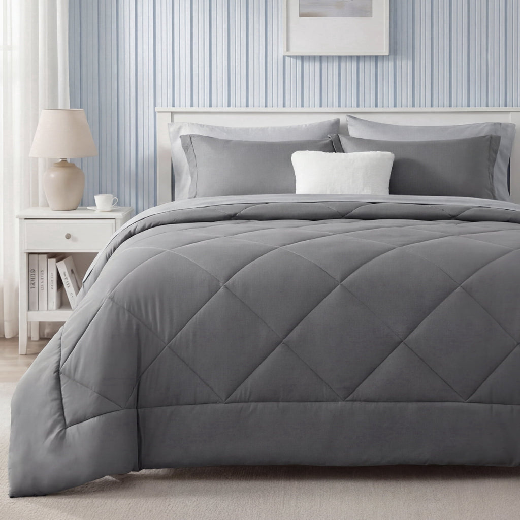 Heavyweight Warmth Queen Reversible Comforter Set - 7 Pieces Grey Bedding, Bed in a Bag with Alternative Comforter, Sheets, Pillowcases ... - Hypoallergenic Ultra-Fluffy Quilt for Winter - Default Title