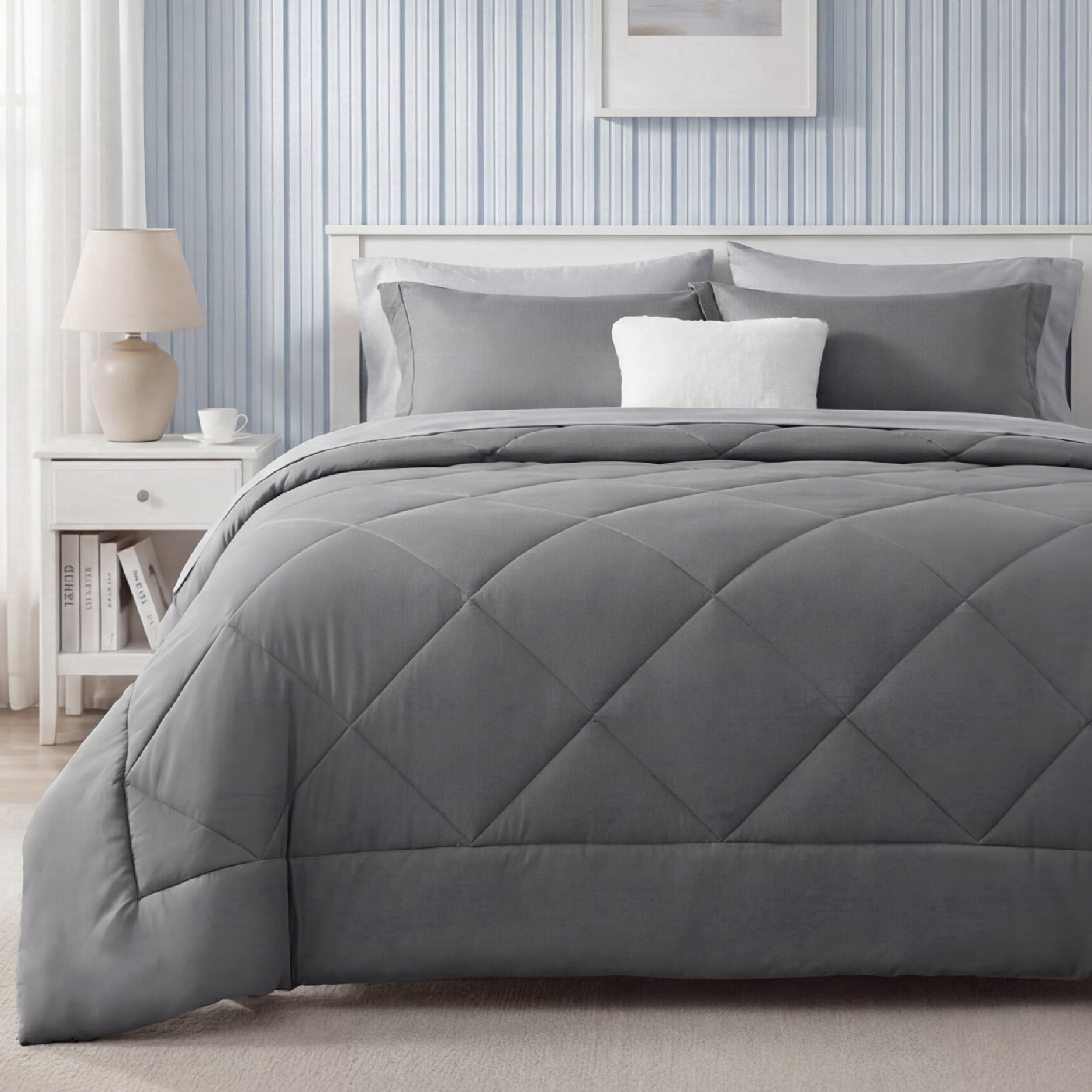 Heavyweight Warmth Queen Reversible Comforter Set - 7 Pieces Grey Bedding, Bed in a Bag with Alternative Comforter, Sheets, Pillowcases ... - Hypoallergenic Ultra-Fluffy Quilt for Winter - Default Title
