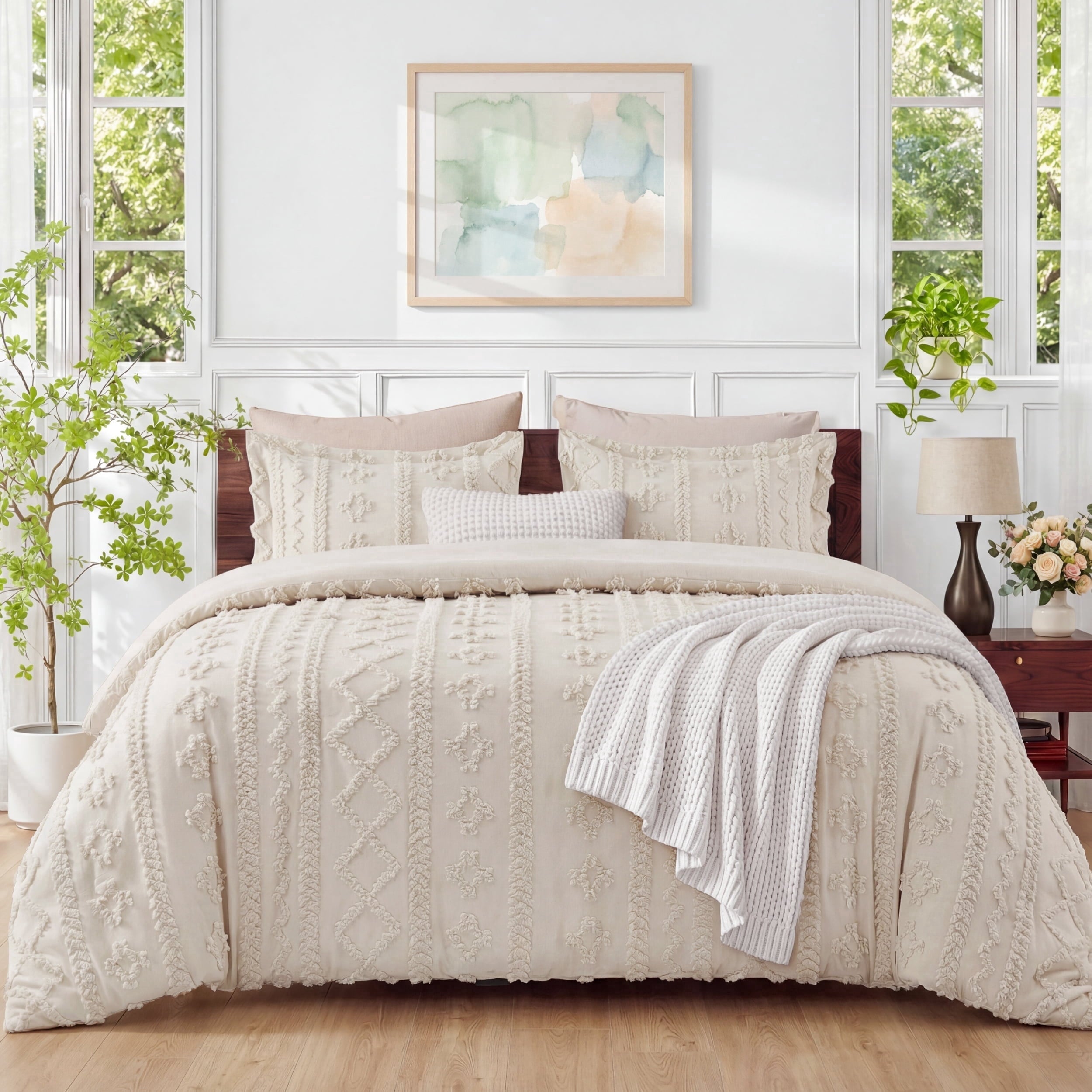 Luxurious Quilted Tufted Boho Comforter Set Queen, Beige, 3 Pieces Farmhouse Shabby Chic Embroidery Bedding Set, Soft Jacquard Comforte... - Luxurious Quilted Duvet Cover Set - Default Title