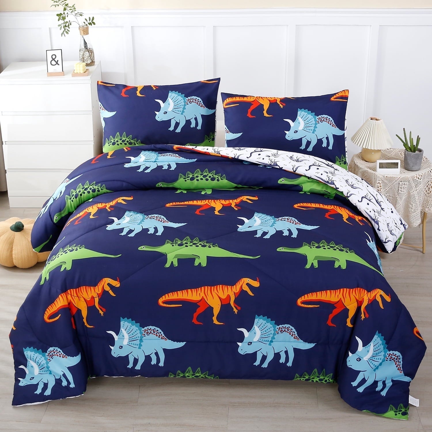 Heavyweight Warmth 3 Pcs Dinosaur Twin Size Bedding Sets for Boys, Dinosaur Printing Boys Comforter Set, Blue and White Reversible Bed C... - Cloud-Like Soft Lightweight Bed Comforter - Default Title