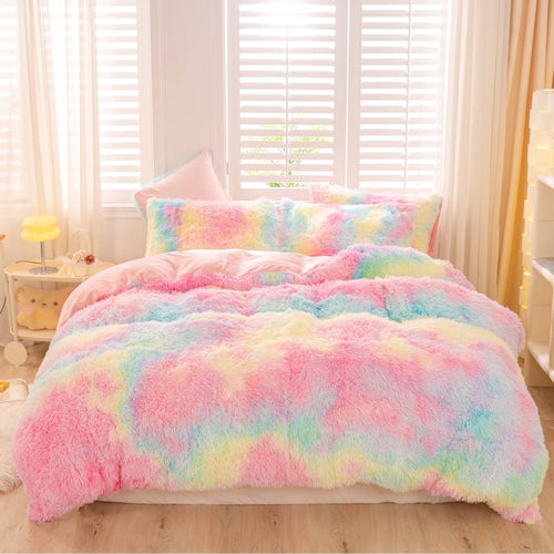 All-Season 3Pcs Pink Faux Fur Twin Comforter Set for Girls Tie Dye Rainbow Kid Bed Set Plush Shaggy Bedding Sets Fuzzy Bed Comfo... - All-Season Down Alternative Comforter Insert - Default Title