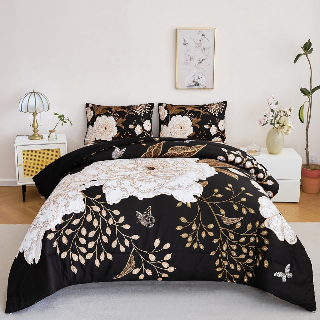 Hypoallergenic Cloud Black Floral Comforter Set Queen, Printed Comforter White Flowers Butterfly Bedding Set, 3 Pieces Botanical Reversibl... - Hypoallergenic Ultra-Fluffy Quilt for Winter - Default Title