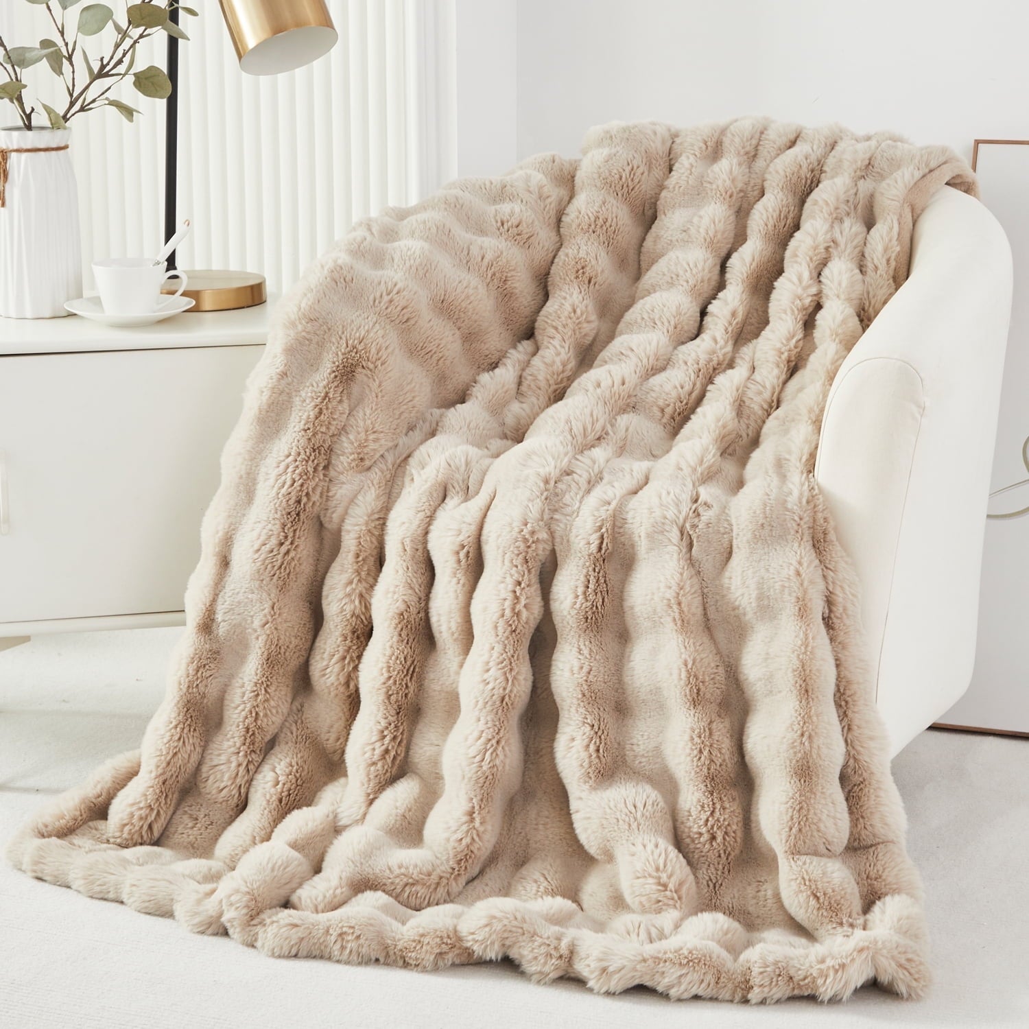 Decorative Knitted Taupe Faux Fur Bubble Blankets for Couch Chair Sofa Luxury Fluffy Thick Bubble Throw Blanket Furry Blanket Fuzzy Soft... - Luxury Knitted Decorative Throw Blanket with Fringes - Default Title