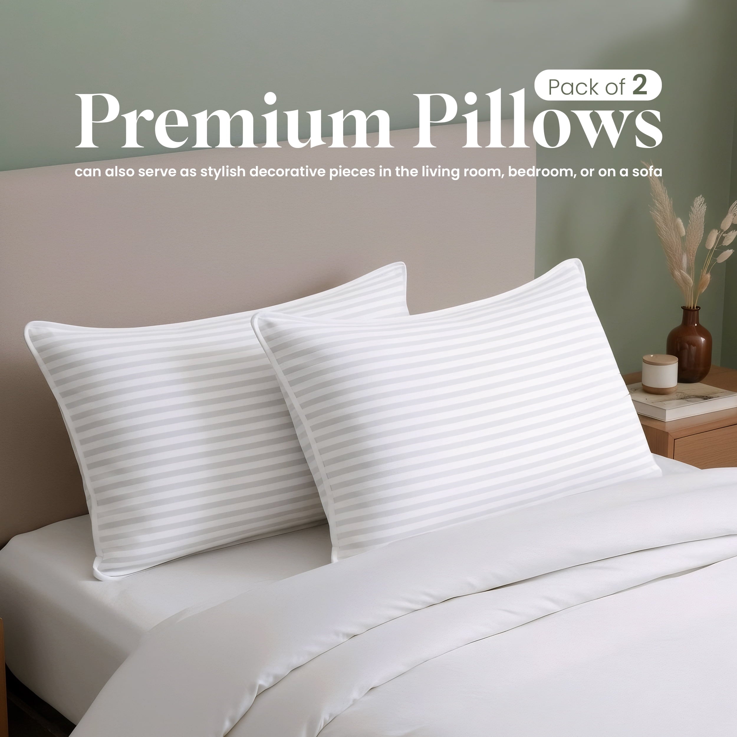 Fluffy Shredded Bed Pillow with White Stripes - Set of 2 - Ultra Cozy & Relaxing For Adults, (Queen, 28"L x 20" W) - Hotel Quality Plush Sleeping Pillows - Default Title