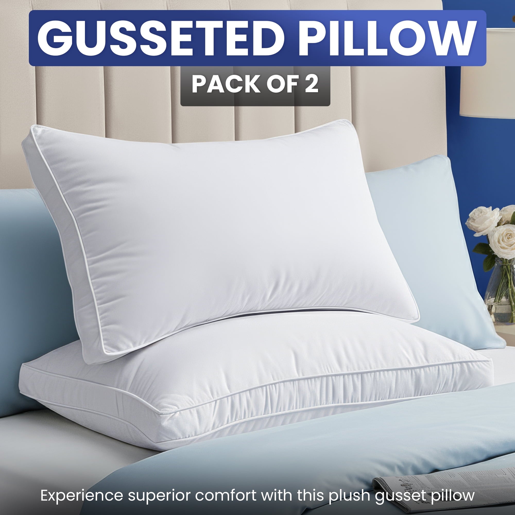 Hotel Collection Queen Bed Pillow, 26"L x 18" W, Set of 2, Soft and High-Quality, Gusseted Pillow for All Sleep Positions (White) - Decorative Throw Pillow Cushion for Sofa & Bed - Default Title
