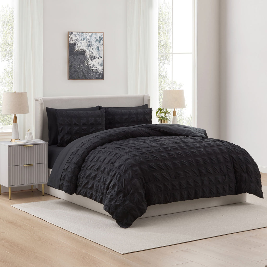 Heavyweight Warmth Queen Comforter Set, Seersucker Queen Size Comforter Set, 7-Pc All Season Bedding Comforter Set, Black - All-Season Down Alternative Comforter Insert - Default Title