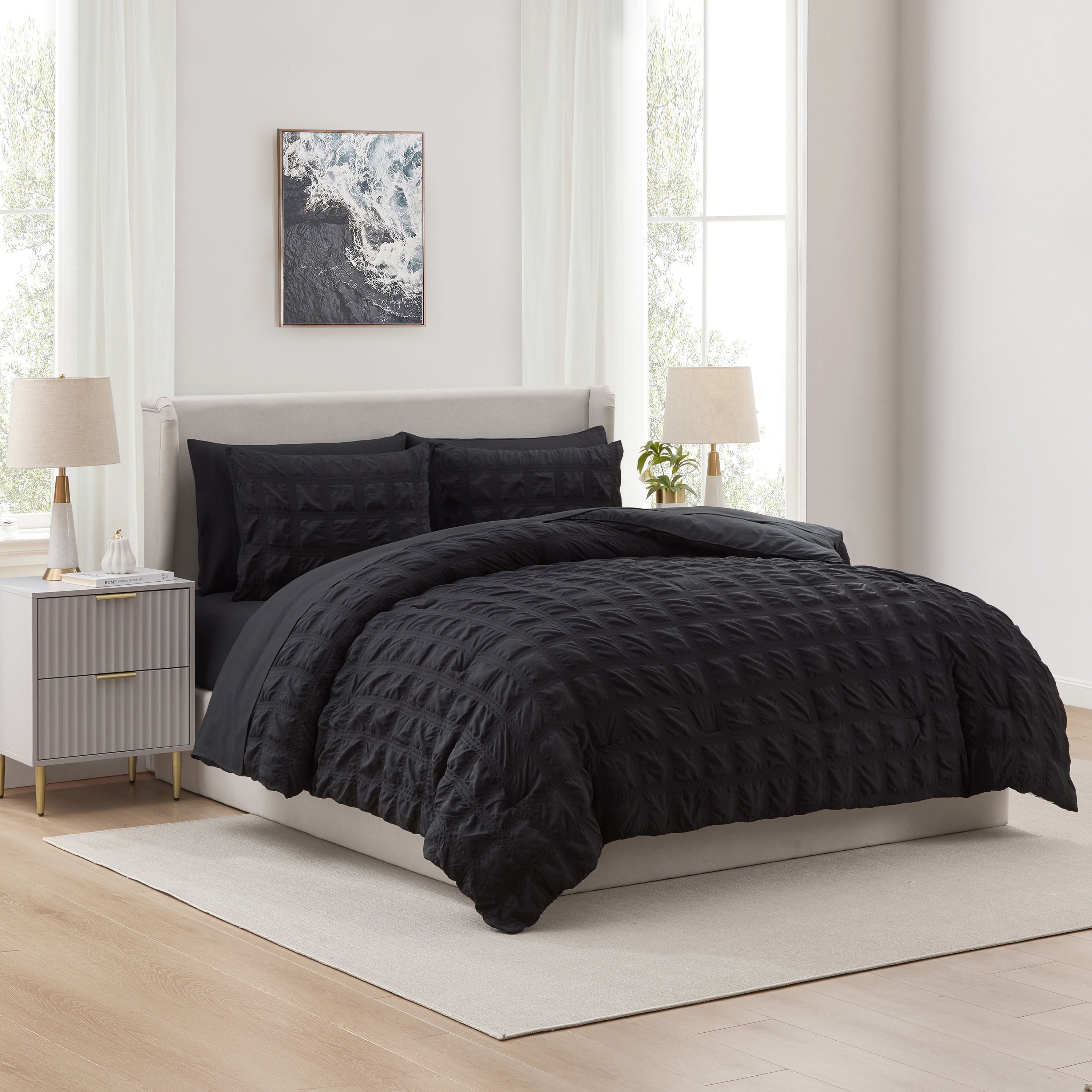 Heavyweight Warmth Queen Comforter Set, Seersucker Queen Size Comforter Set, 7-Pc All Season Bedding Comforter Set, Black - All-Season Down Alternative Comforter Insert - Default Title