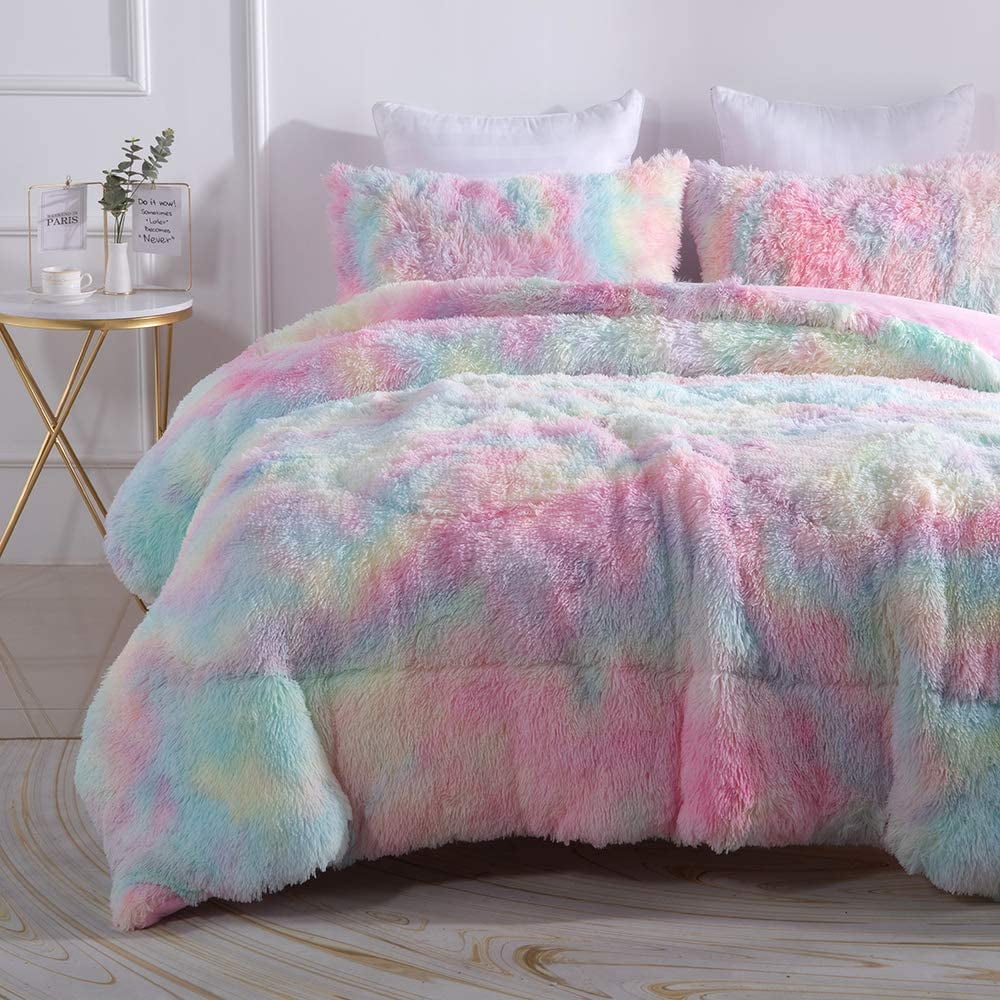 All-Season Plush Shaggy Comforter Set Fluffy Fuzzy Faux Fur Bedding Set - Microfiber Soft Warm Quilt Set(Rainbow Pink,Queen Size) - Luxurious Quilted Duvet Cover Set - Default Title