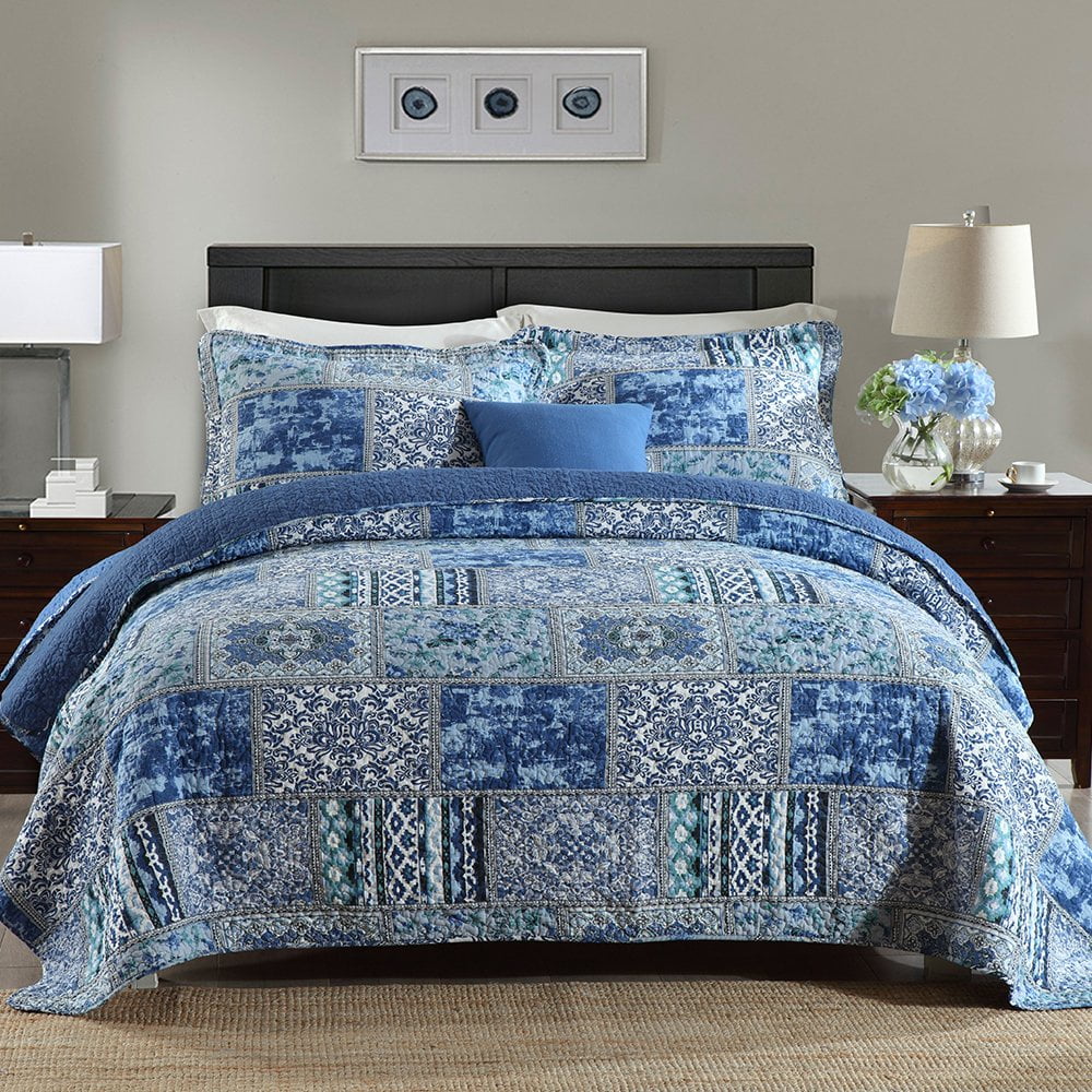 Fluffy Down Alternative Quilt Comforter Cotton Bedding Set With Shams, Vintage Blue, King - Cloud-Like Soft Lightweight Bed Comforter - Default Title