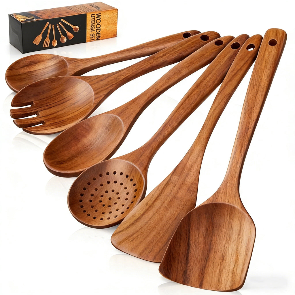 Premium Silicone Wooden Spoons for Cooking, 6 PCS Teak Wood Cooking Utensil Set, Wooden Kitchen Utensils for Nonstick Pans & Cookware,... - Durable Turner & Ladle Utensil Set for Home Chefs - Default Title