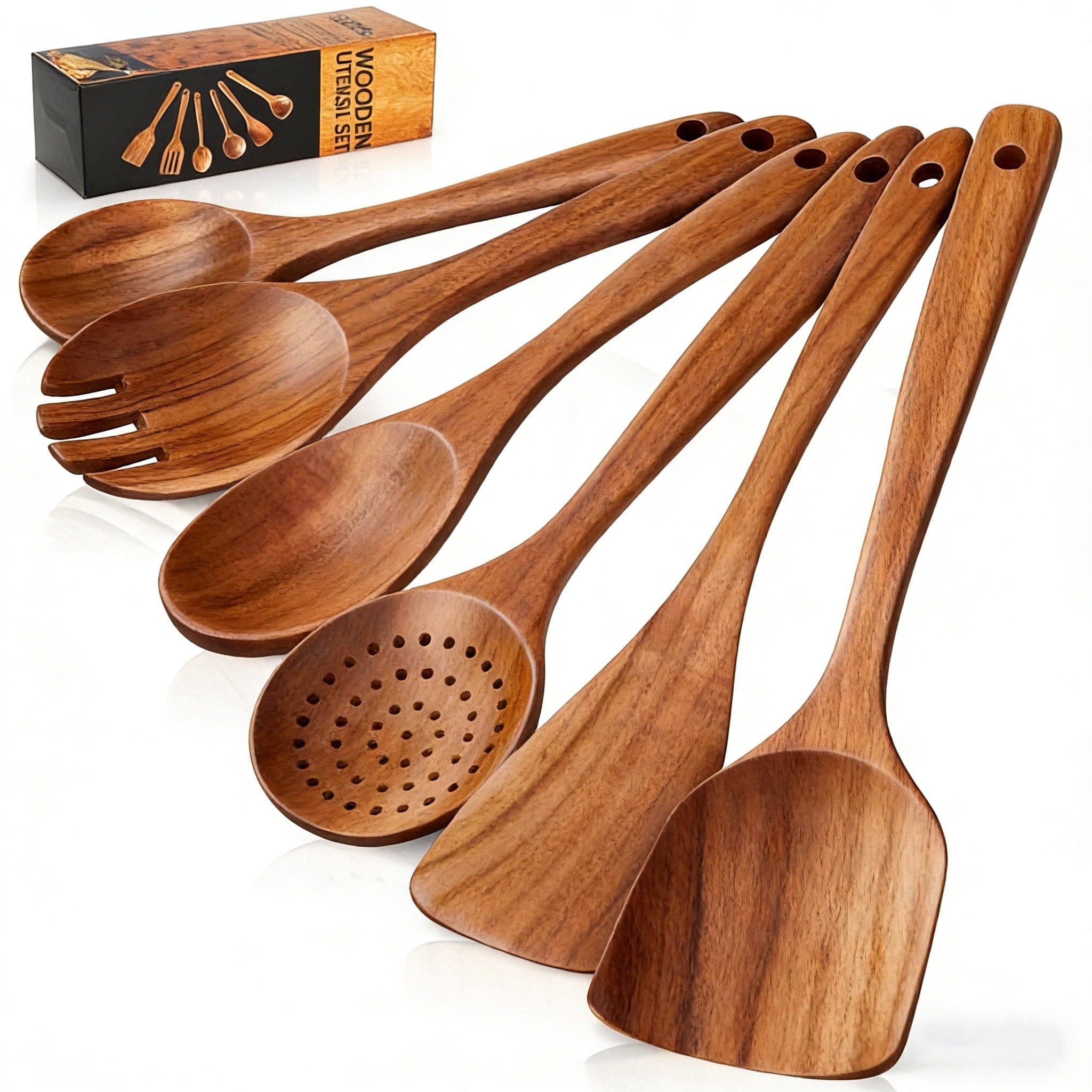 Premium Silicone Wooden Spoons for Cooking, 6 PCS Teak Wood Cooking Utensil Set, Wooden Kitchen Utensils for Nonstick Pans & Cookware,... - Durable Turner & Ladle Utensil Set for Home Chefs - Default Title