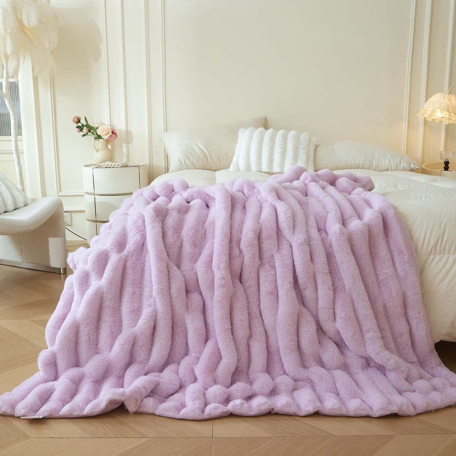 Decorative Knitted Fluffy Faux Rabbit Fur Throw, Cozy Wide Stripe Plush Fuzzy Blanket for Bed Couch Sofa Chair, Light Purple Shaggy Thro... - Lightweight Plush Warm Blanket for All Seasons - Default Title