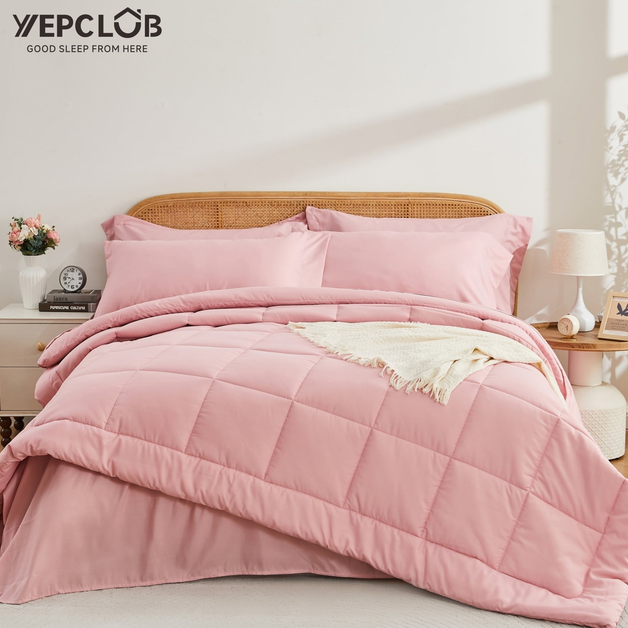 Fluffy Down Alternative 7-Piece Queen Size Comforter Set,Pink Reversible Bed in a Bag,All Season Solid Bedding Set with Sheets,Pillowcases & ... - Hypoallergenic Ultra-Fluffy Quilt for Winter - Default Title