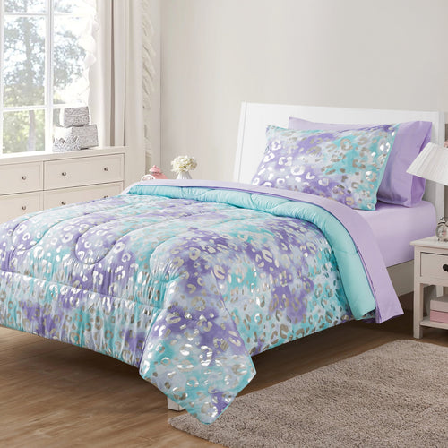All-Season 5-Piece Purple Metallic Foil Cheetah Bedding Set for Kids with Storage Bag, Twin - Hypoallergenic Ultra-Fluffy Quilt for Winter - Default Title