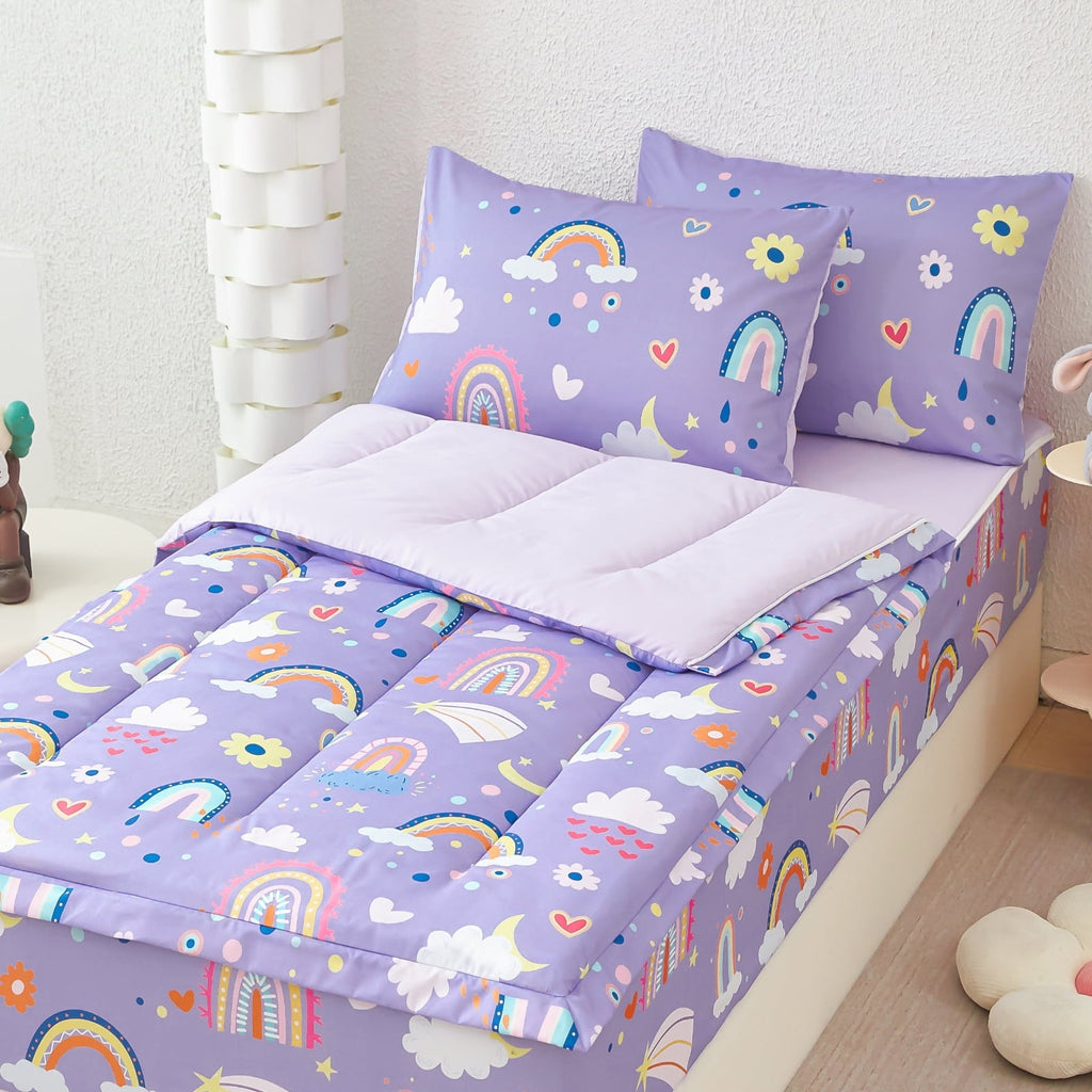 Heavyweight Warmth Zipper Kids Comforter Set, 3-Piece Purple Twin Bed in a Bag, Cartoon Rainbow Stars Flowers Printed Zip Up Comforter S... - Luxurious Quilted Duvet Cover Set - Default Title