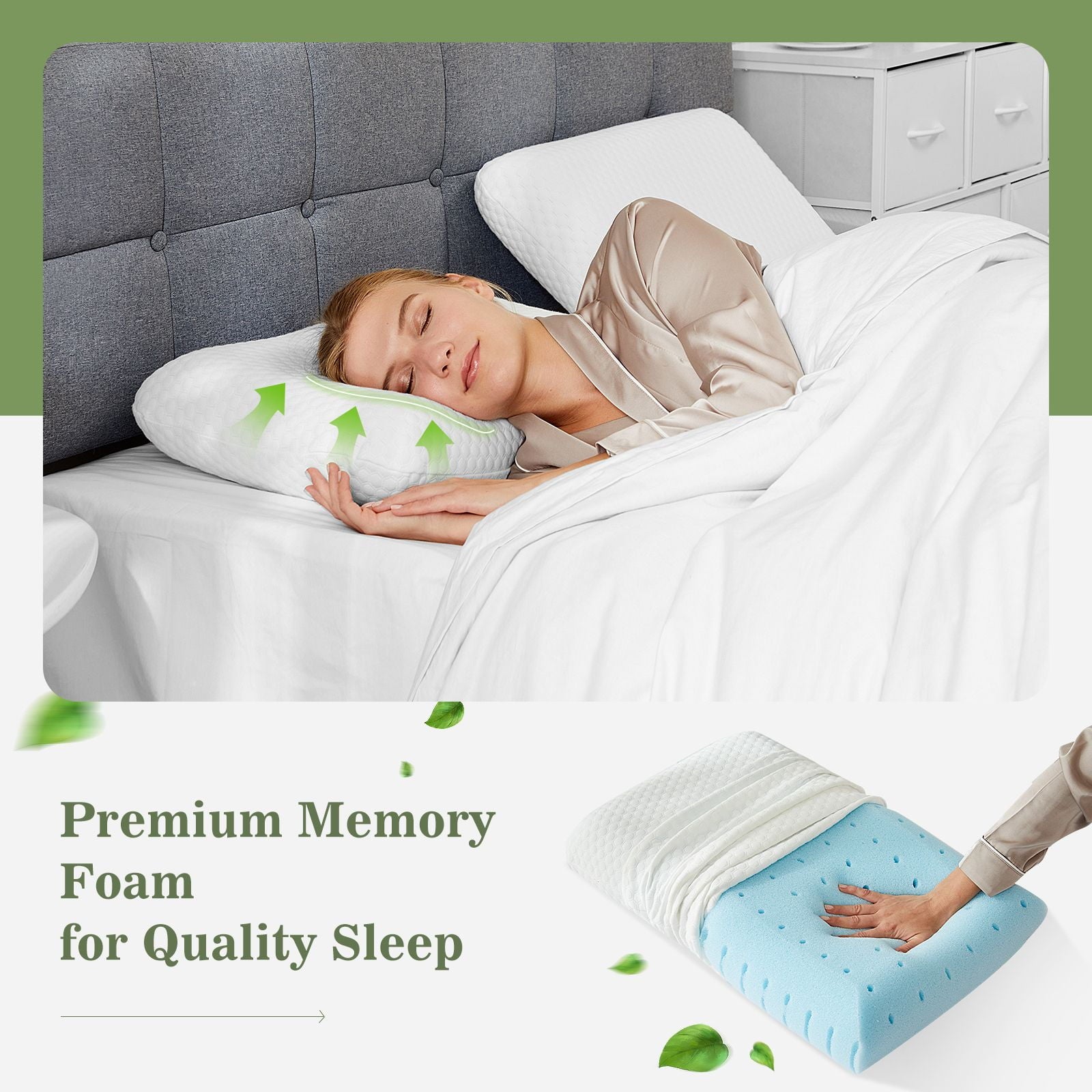 Ergonomic Memory Foam Memory Foam Pillow for Sleeping, 24"D x 16"W x 4.7"H, Soft Supportive Hotel Pillow for Bed, Washable Cover, Set of 2 - Ergonomic Memory Foam Pillow for Neck Pain Support Detail