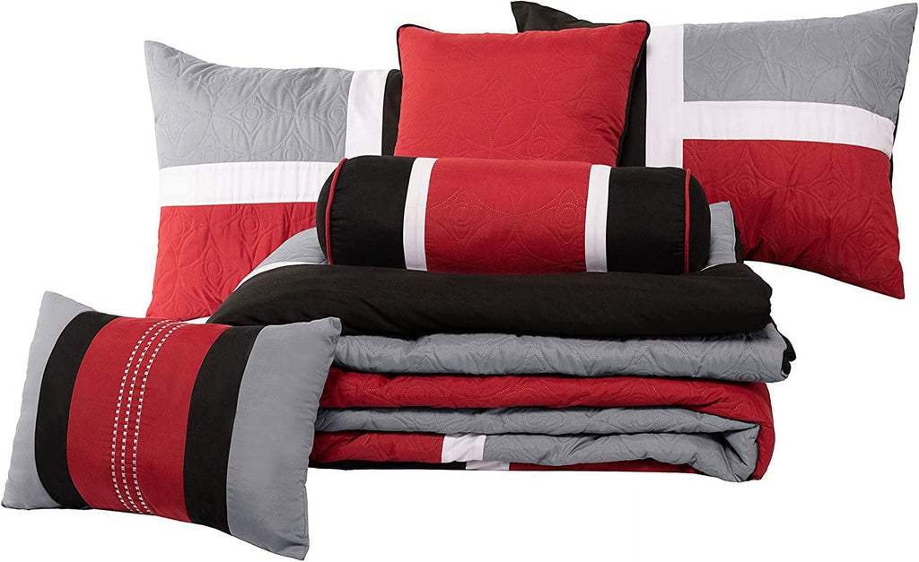 Luxurious Quilted 7-Piece Medallion Patchwork Comforter Set, Full, Red/Gray/Black - Cloud-Like Soft Lightweight Bed Comforter Detail