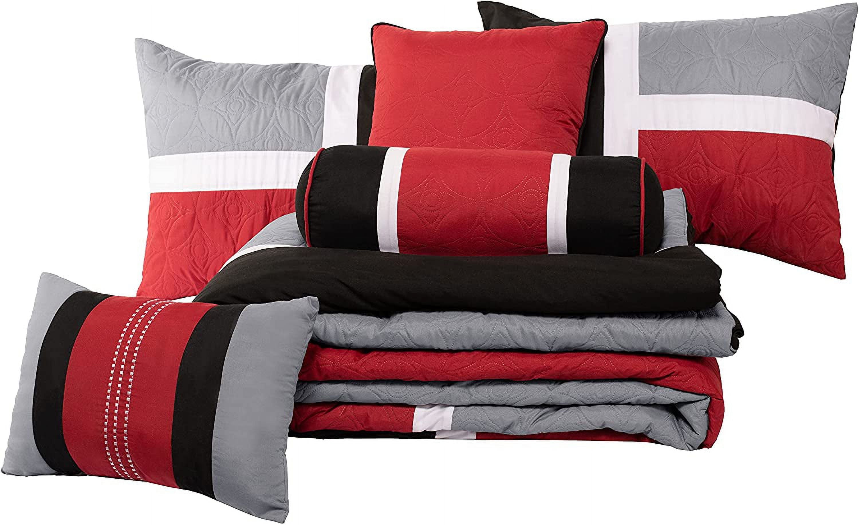 Luxurious Quilted 7-Piece Medallion Patchwork Comforter Set, Full, Red/Gray/Black - Cloud-Like Soft Lightweight Bed Comforter Detail