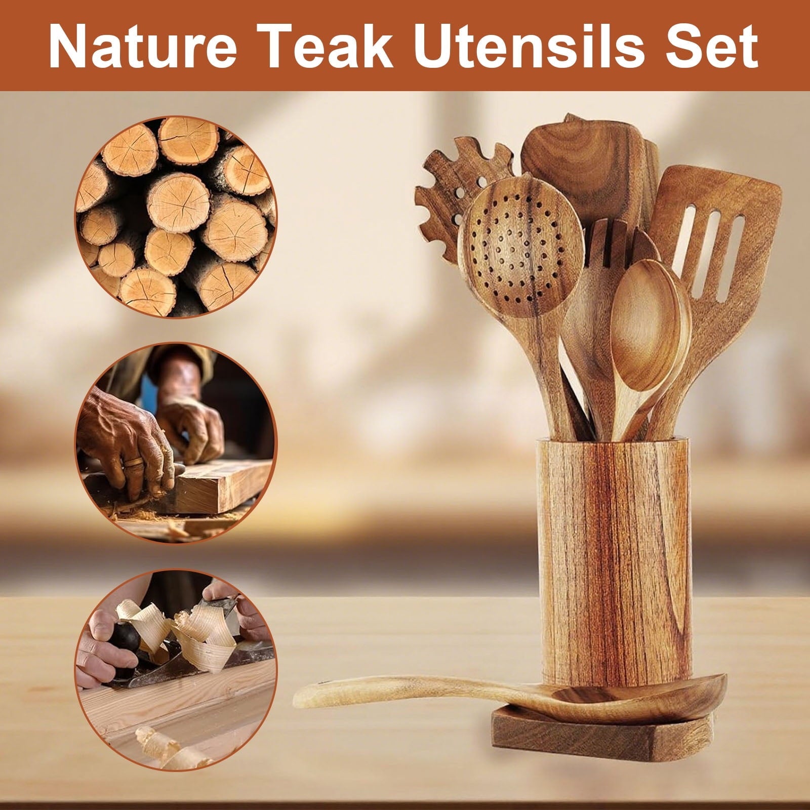 Heat-Resistant 10Pcs Wooden Spoons for Cooking, Smooth Finish Teak Wooden Utensils for Cooking, Soft Comfort-Grip Wood Spoons for Co... - Durable Turner & Ladle Utensil Set for Home Chefs Detail