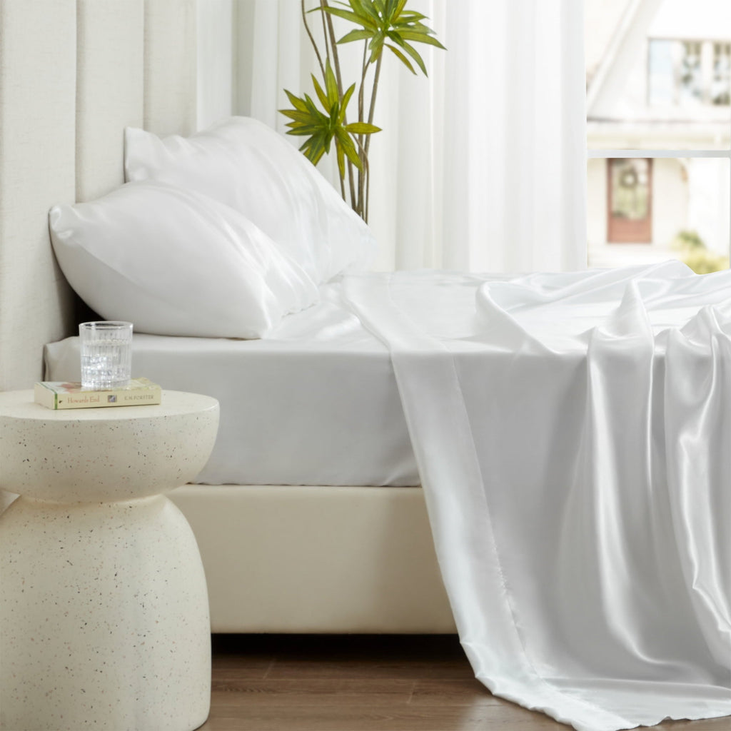 Premium Egyptian Cotton Satin Sheets Full Sheet Set Deep Pocket Luxury Silky Bed Sheets for Hair and Skin 4 Pieces, White - Cooling Hotel Quality Bedding Sheets and Pillowcases Detail