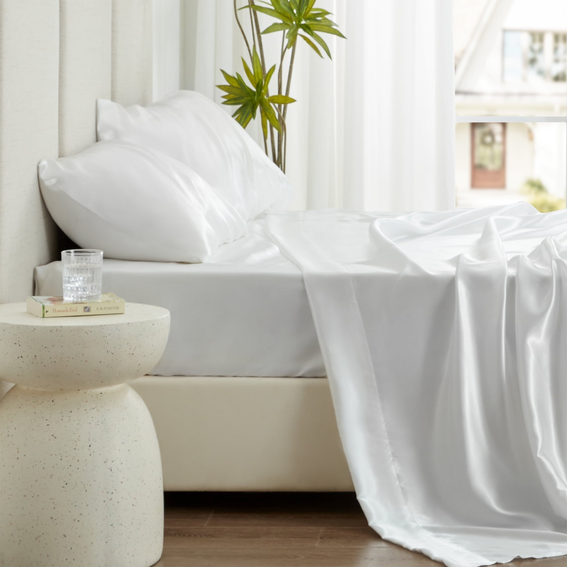 Premium Egyptian Cotton Satin Sheets Full Sheet Set Deep Pocket Luxury Silky Bed Sheets for Hair and Skin 4 Pieces, White - Cooling Hotel Quality Bedding Sheets and Pillowcases Detail