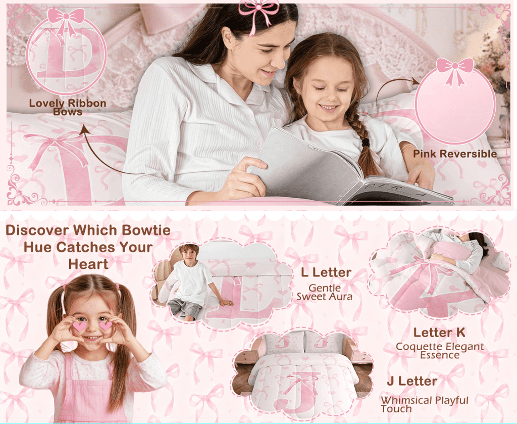 Heavyweight Warmth Kawaii Bowknot Bedding Sets Full with Comforter, Initial H Duvet Insert, Romantic Initial A-Z Decor, Reversible - Luxurious Quilted Duvet Cover Set Detail