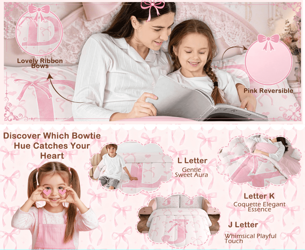 Heavyweight Warmth Kawaii Bowknot Bedding Sets Full with Comforter, Initial H Duvet Insert, Romantic Initial A-Z Decor, Reversible - Luxurious Quilted Duvet Cover Set Detail