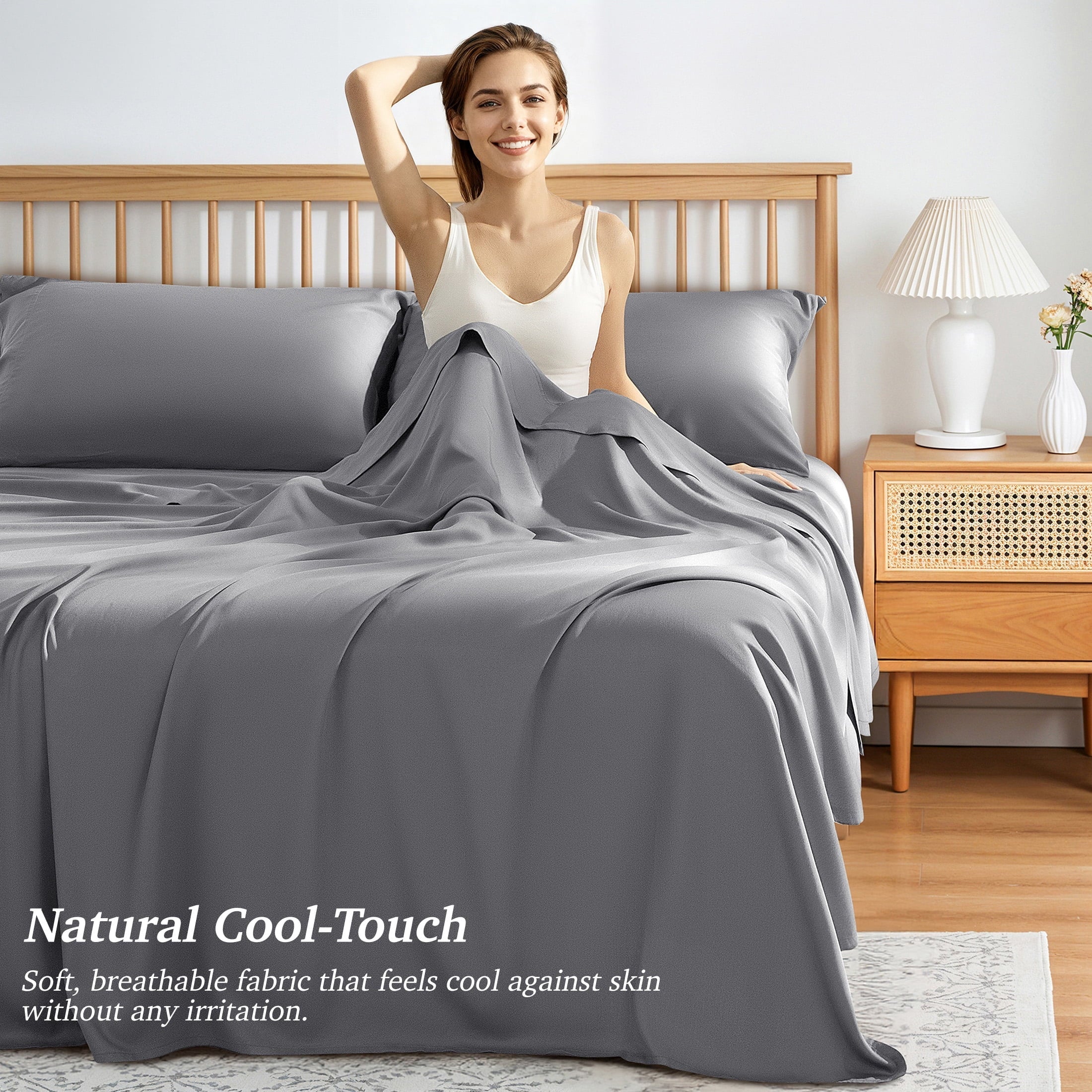 Wrinkle-Resistant Bamboo Queen Sheet Set, Luxury Soft 4 Pieces Bed Sheets with 18" Deep Pocket, Gray - Premium Ultra-Soft Pillowcase Pair for Sleeping Detail