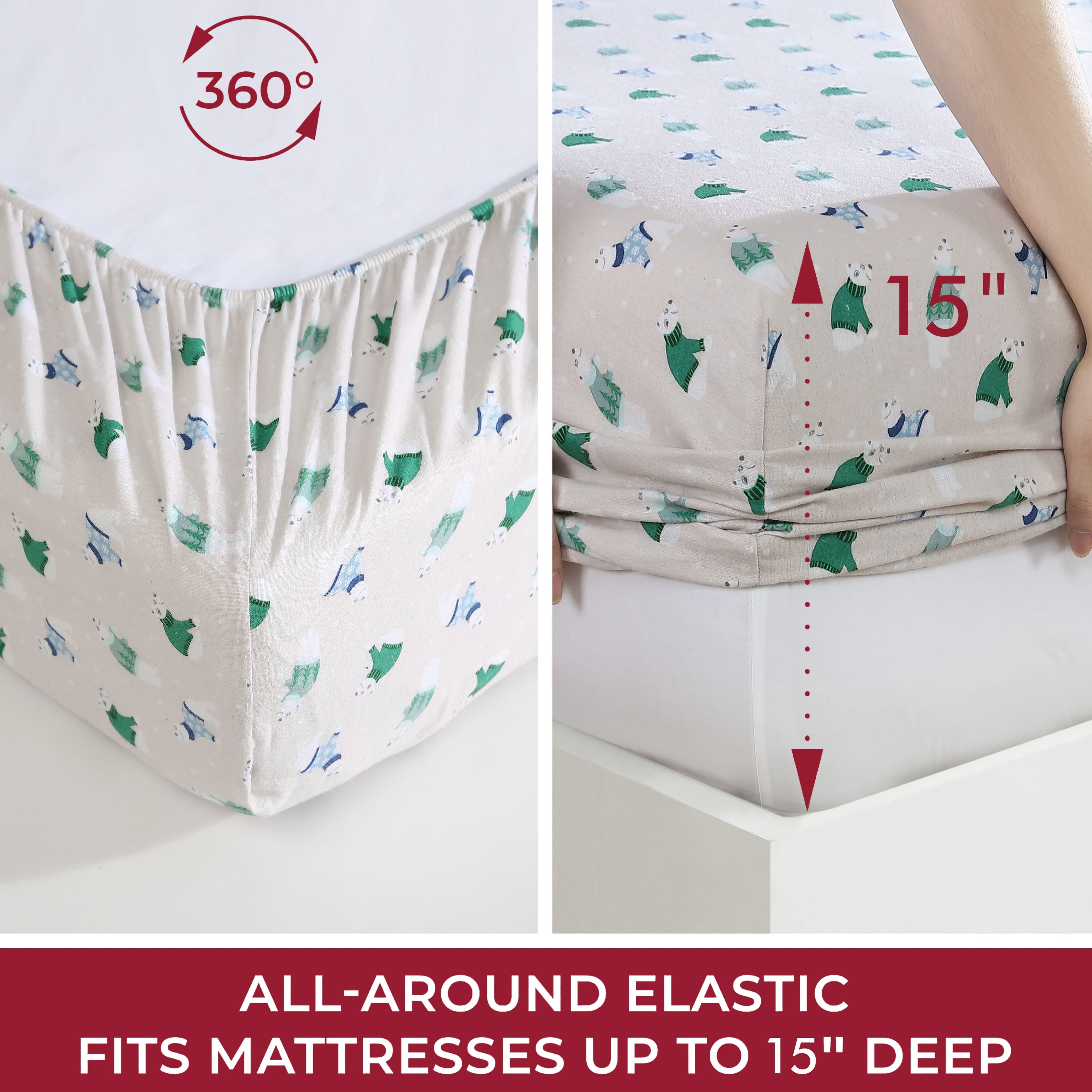 Premium Egyptian Cotton Winter Nights Cotton Flannel Sheet Set, King, Holiday Bears - Breathable Egyptian Cotton Flat & Fitted Sheets Detail