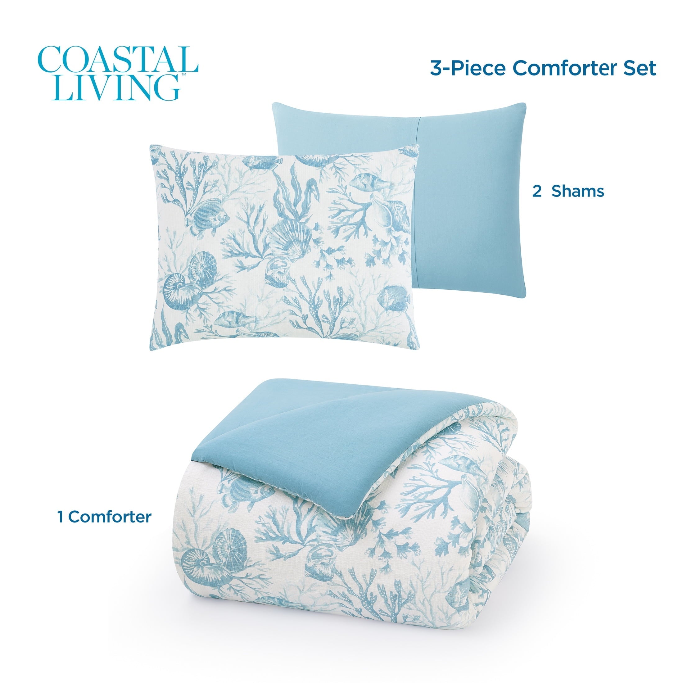 Heavyweight Warmth 3-Piece Lightweight 100% Cotton Blue & White Ocean Print Comforter Set, Full/Queen - Hypoallergenic Ultra-Fluffy Quilt for Winter Detail