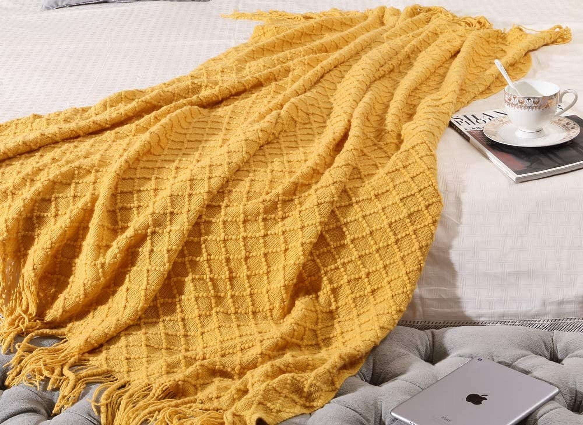 Cozy Fleece Decorative Soft Spring Summer Fall Throw Blanket ,for Couch Sofa Chair Bed,50''X60'',Mustard Yellow - Super Soft Reversible Sherpa Flannel Blanket Detail