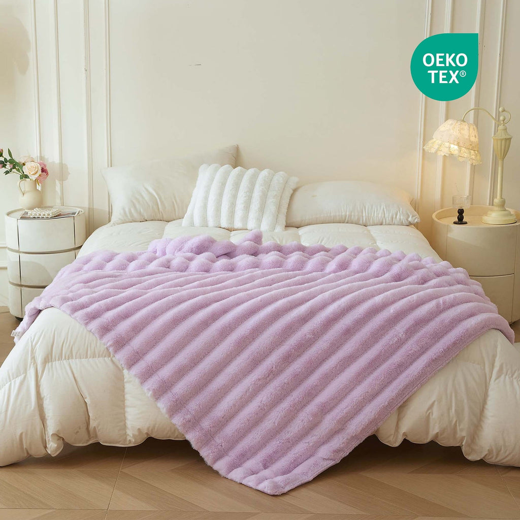 Decorative Knitted Fluffy Faux Rabbit Fur Throw, Cozy Wide Stripe Plush Fuzzy Blanket for Bed Couch Sofa Chair, Light Purple Shaggy Thro... - Lightweight Plush Warm Blanket for All Seasons Detail