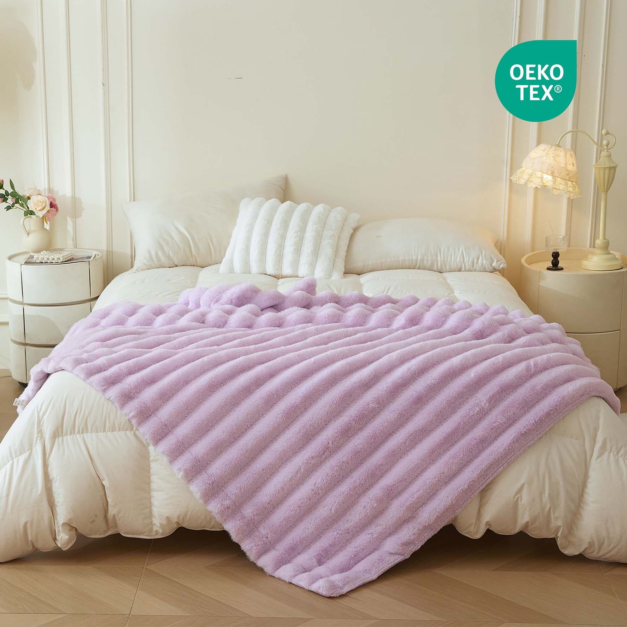 Decorative Knitted Fluffy Faux Rabbit Fur Throw, Cozy Wide Stripe Plush Fuzzy Blanket for Bed Couch Sofa Chair, Light Purple Shaggy Thro... - Lightweight Plush Warm Blanket for All Seasons Detail