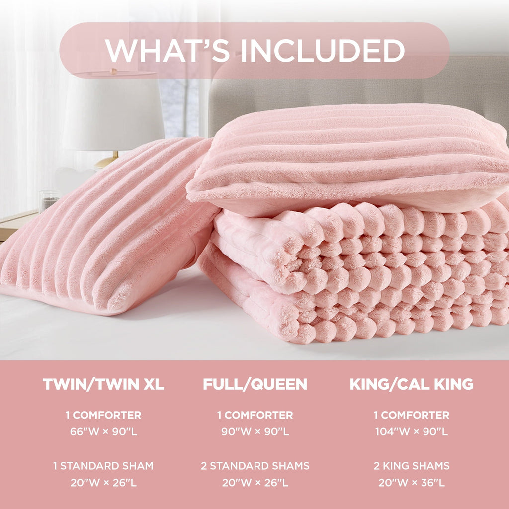 All-Season Full/Queen Size Comforter Set, Fluffy Ribbed Plush Comforter Set, 3-Piece Bedding Set, Pink - Cloud-Like Soft Lightweight Bed Comforter Detail