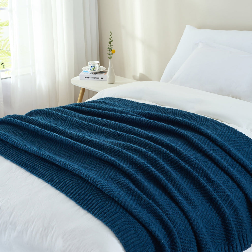 Cozy Fleece Soft Knitted Throw Blanket 50" x 60" Navy Blue, Boho Chevron Farmhouse Throw for Bed Couch - Luxury Knitted Decorative Throw Blanket with Fringes Detail