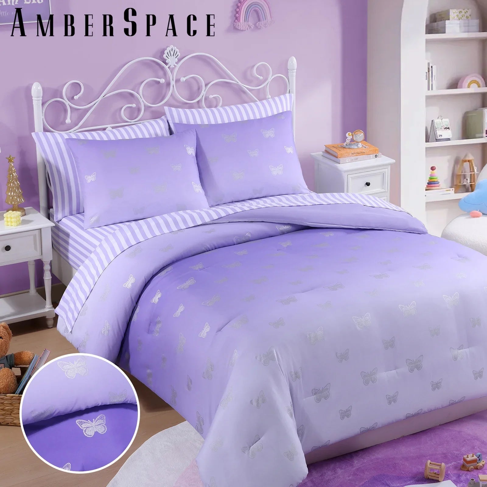 Luxurious Quilted gold foil Design 7-piece Bed in a Bag Comforter Set with Sheets,Purple/Silver Butterflies,Full - Luxurious Quilted Duvet Cover Set Detail