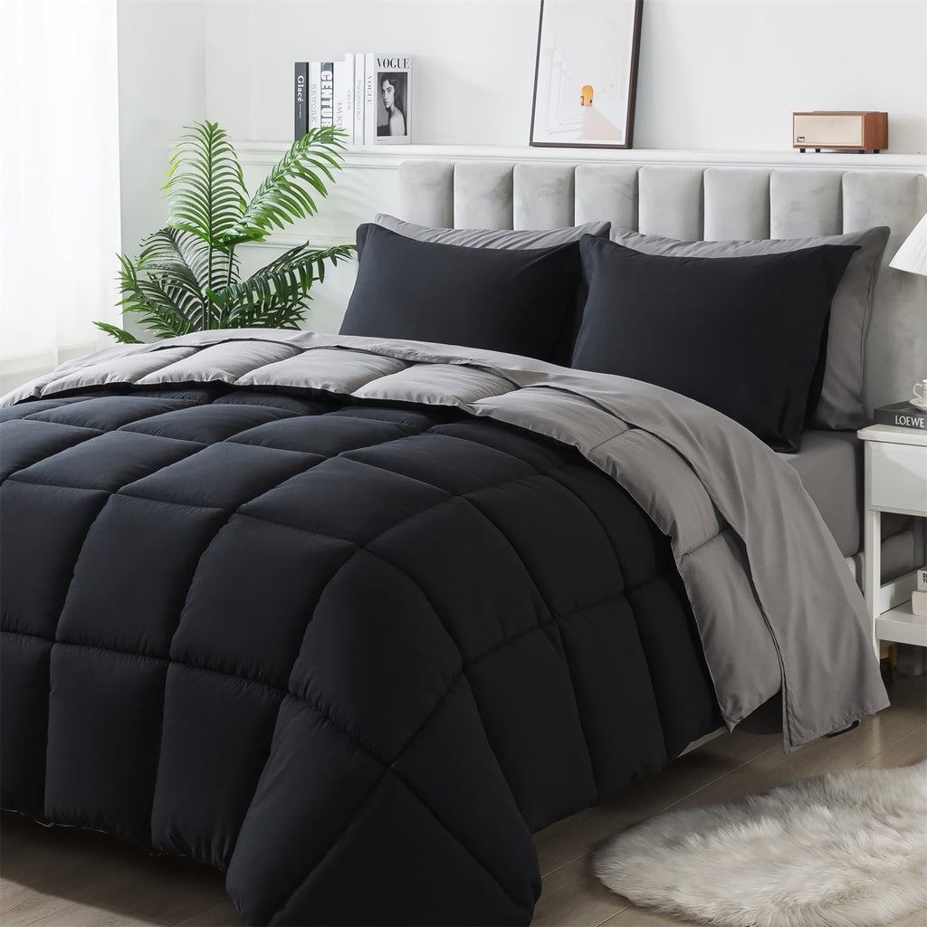 Luxurious Quilted Queen Size 7 Piece Comforter Set | Bed in a Bag for Unisex Adult | Black/Gray - Hypoallergenic Ultra-Fluffy Quilt for Winter Detail